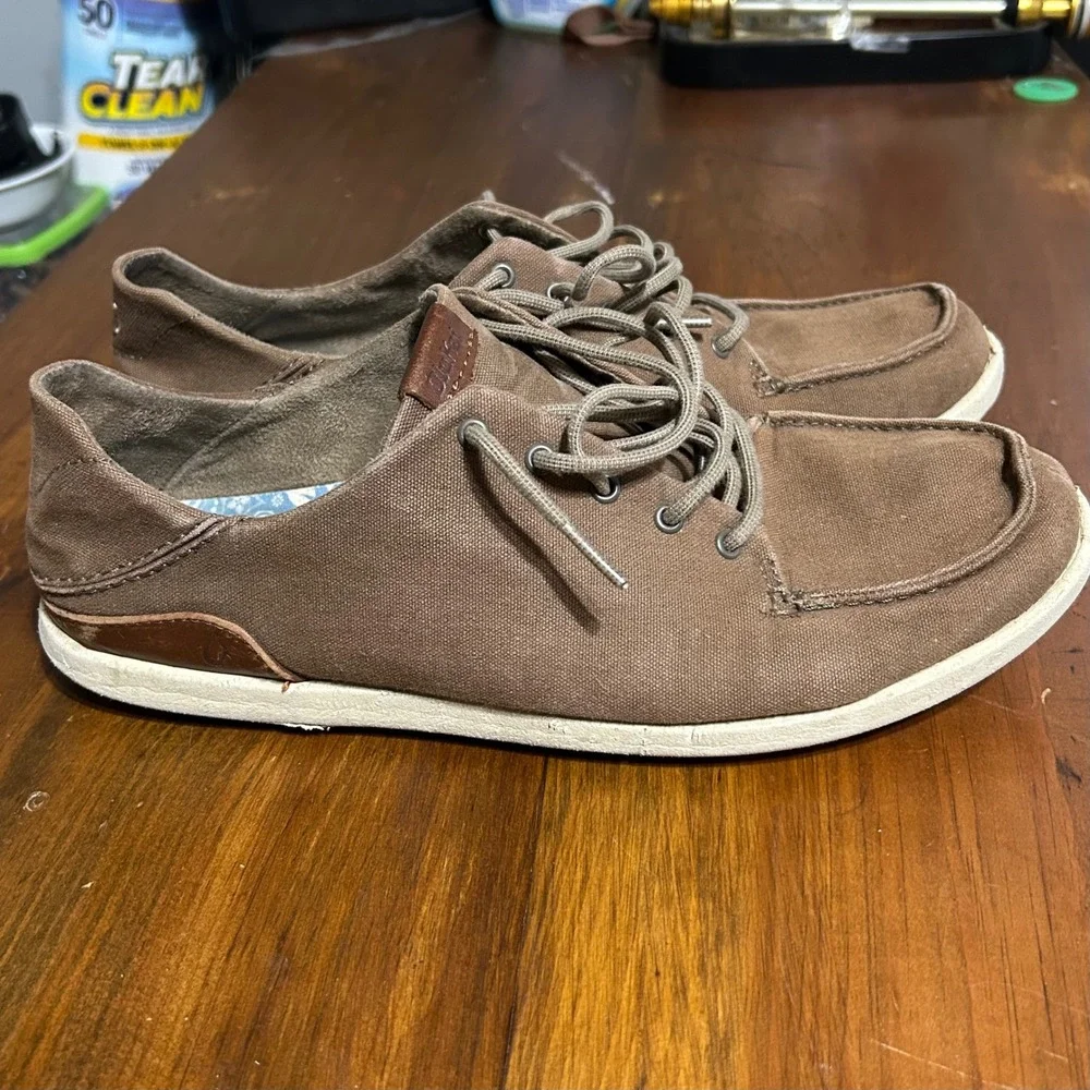 OluKai Manoa Mens 10 Canvas Sneakers Brown Lace Up Shoes 10331-1333